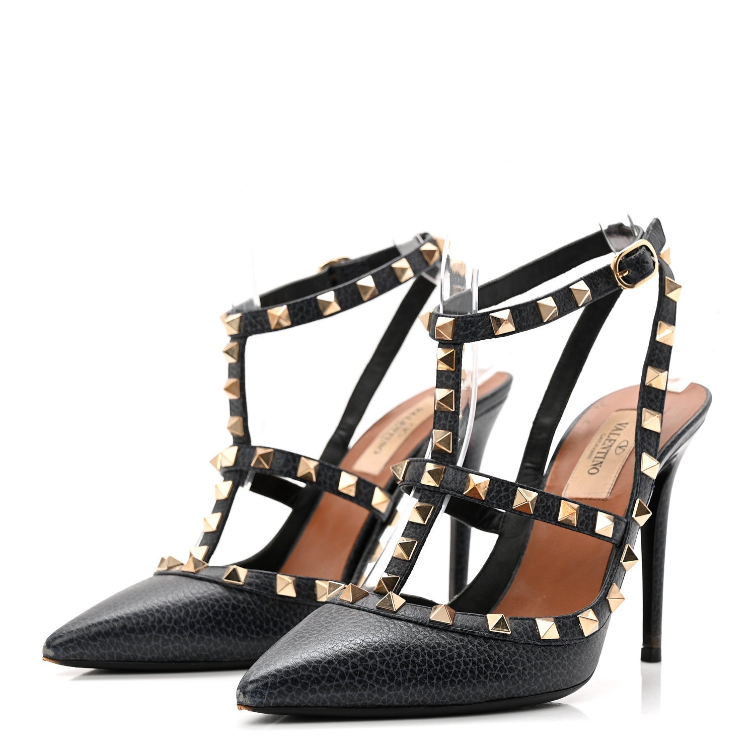 Valentino Garavani Pebbled Calfskin Rockstud Ankle Strap 100mm Pumps 37.5 Deep Denim 3 of 10