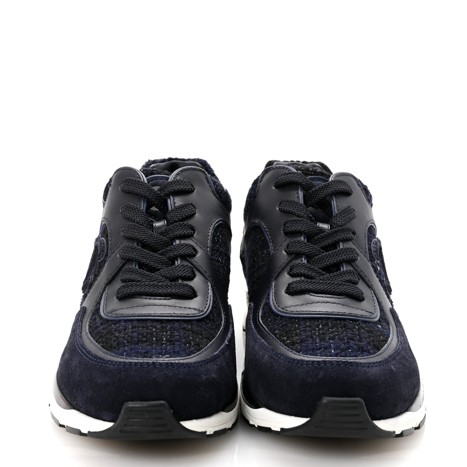 Chanel Tweed Suede Womens CC Sneakers 38 Black Blue 1790337