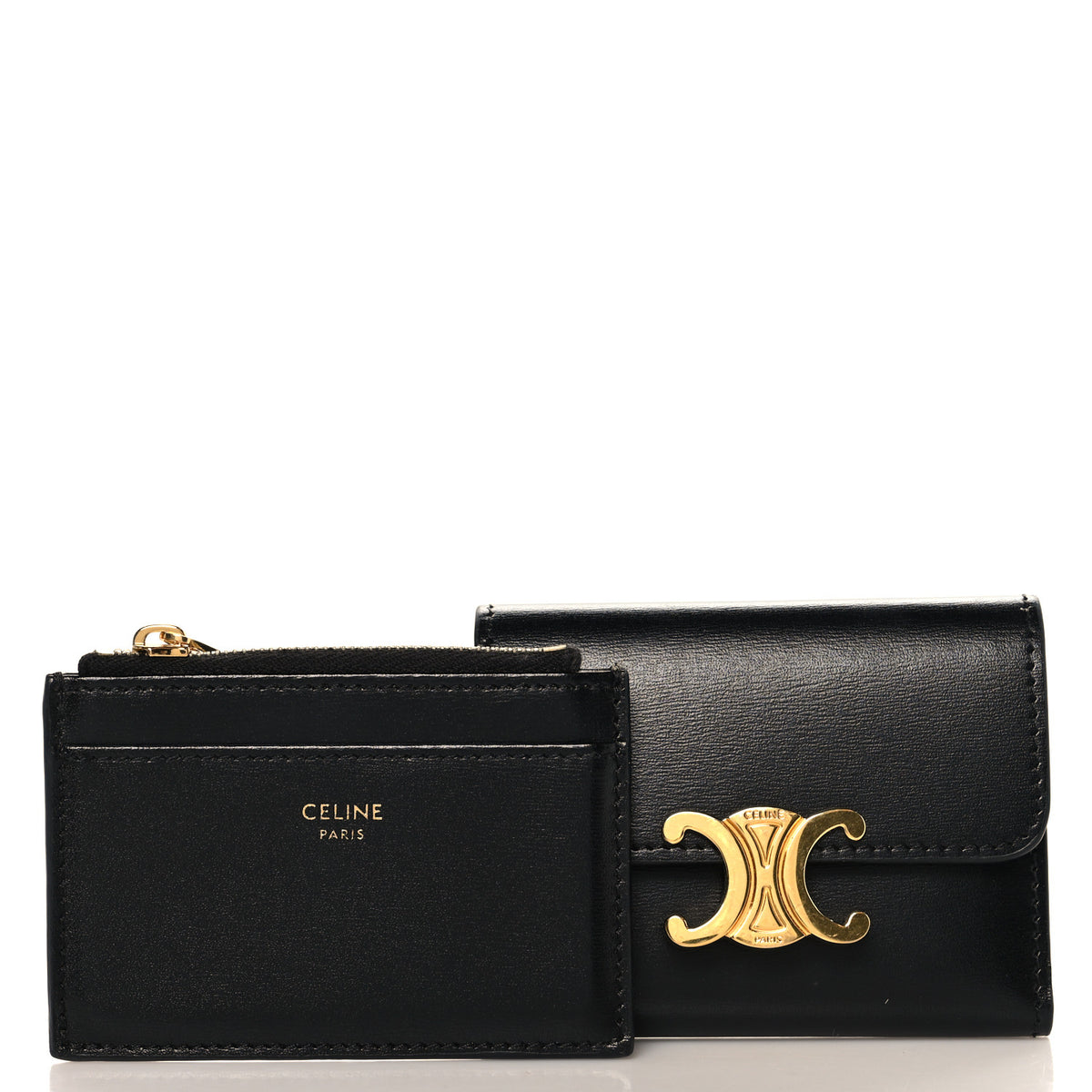 Calfskin Compact Triomphe Wallet With Coin Purse Black