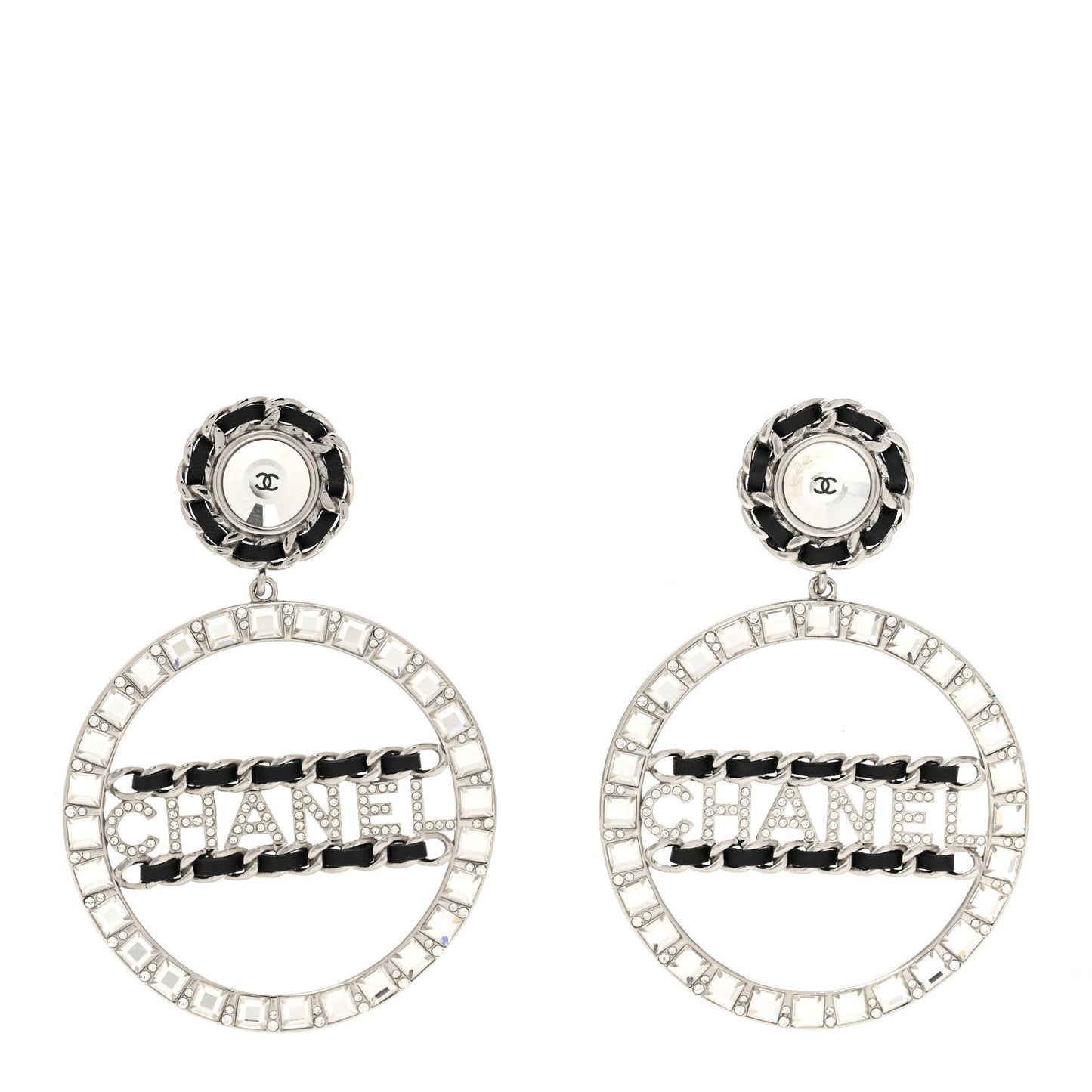 Crystal Lambskin Chain CC Hoop Clip On Earrings Black Silver