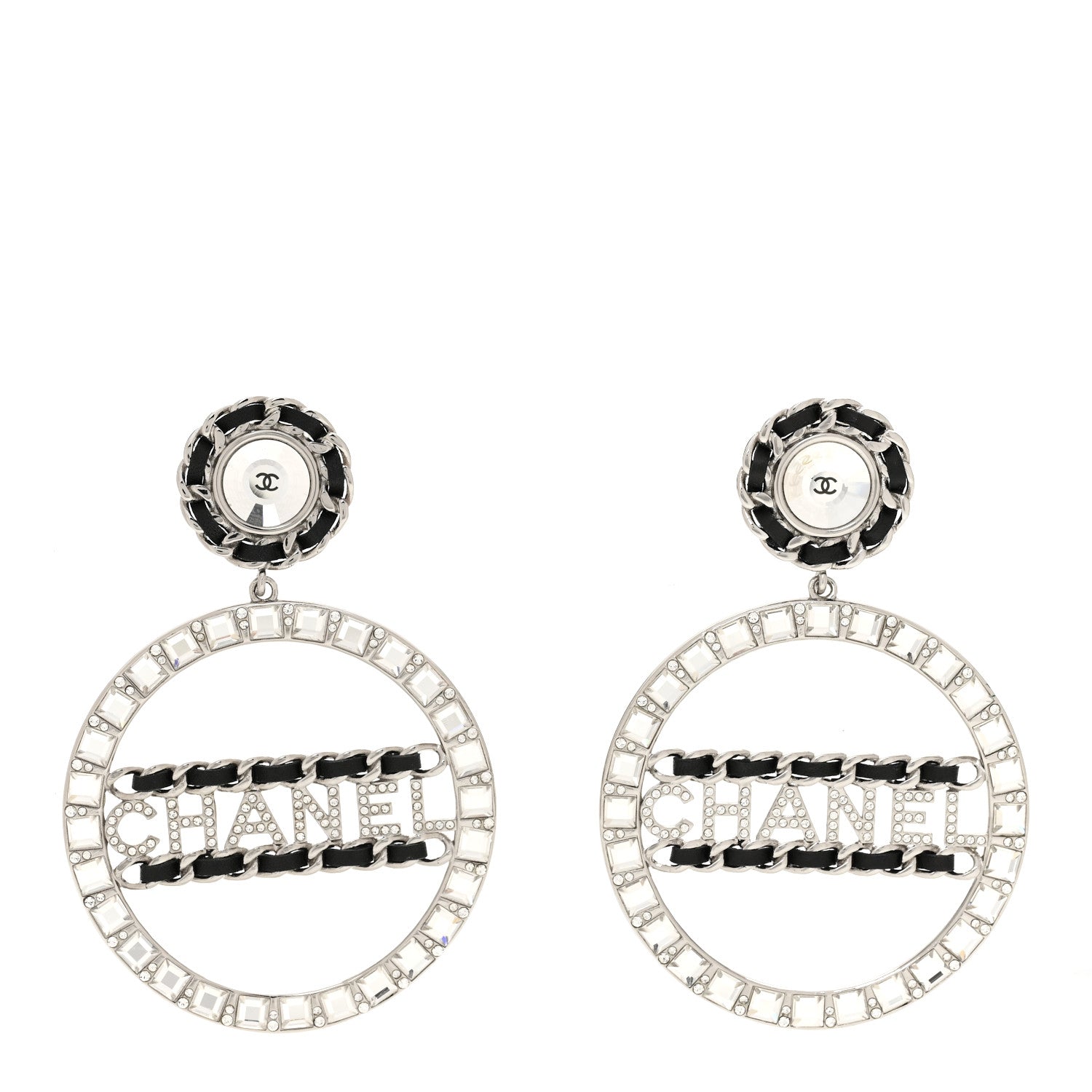 Chanel Crystal Lambskin Chain CC Hoop Clip On Earrings Black Silver 1 of 5