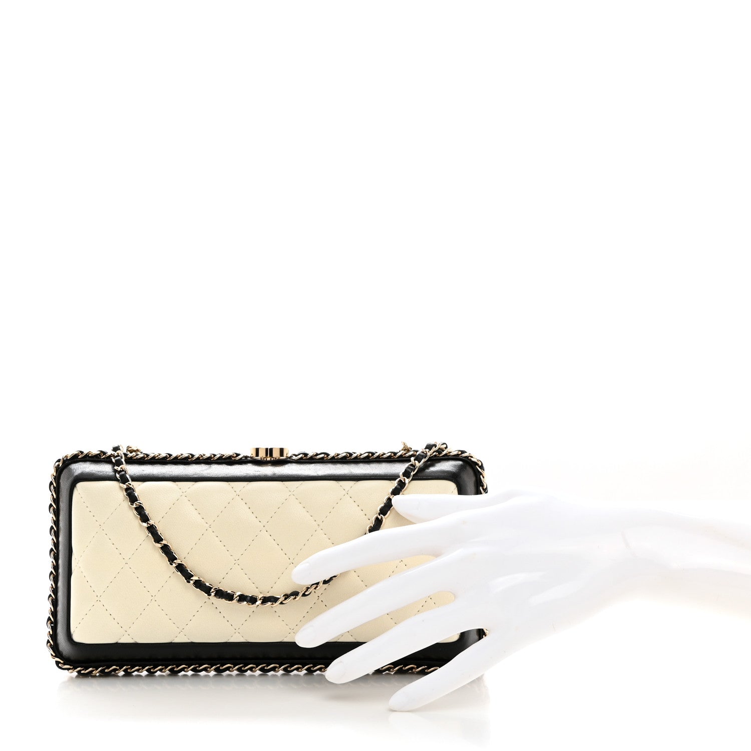Chanel Lambskin Quilted Chain Around Clutch White Black 2 of 7