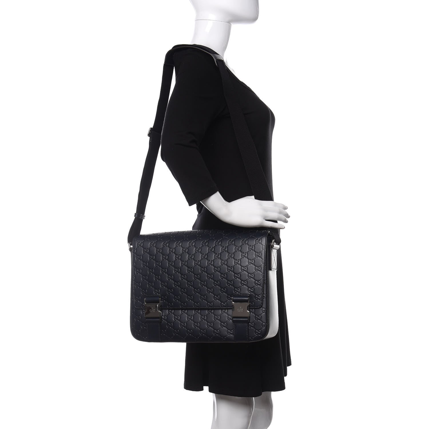 Gucci Guccissima Signature Medium Double Buckle Flap Messenger Bag Blue 2 of 11