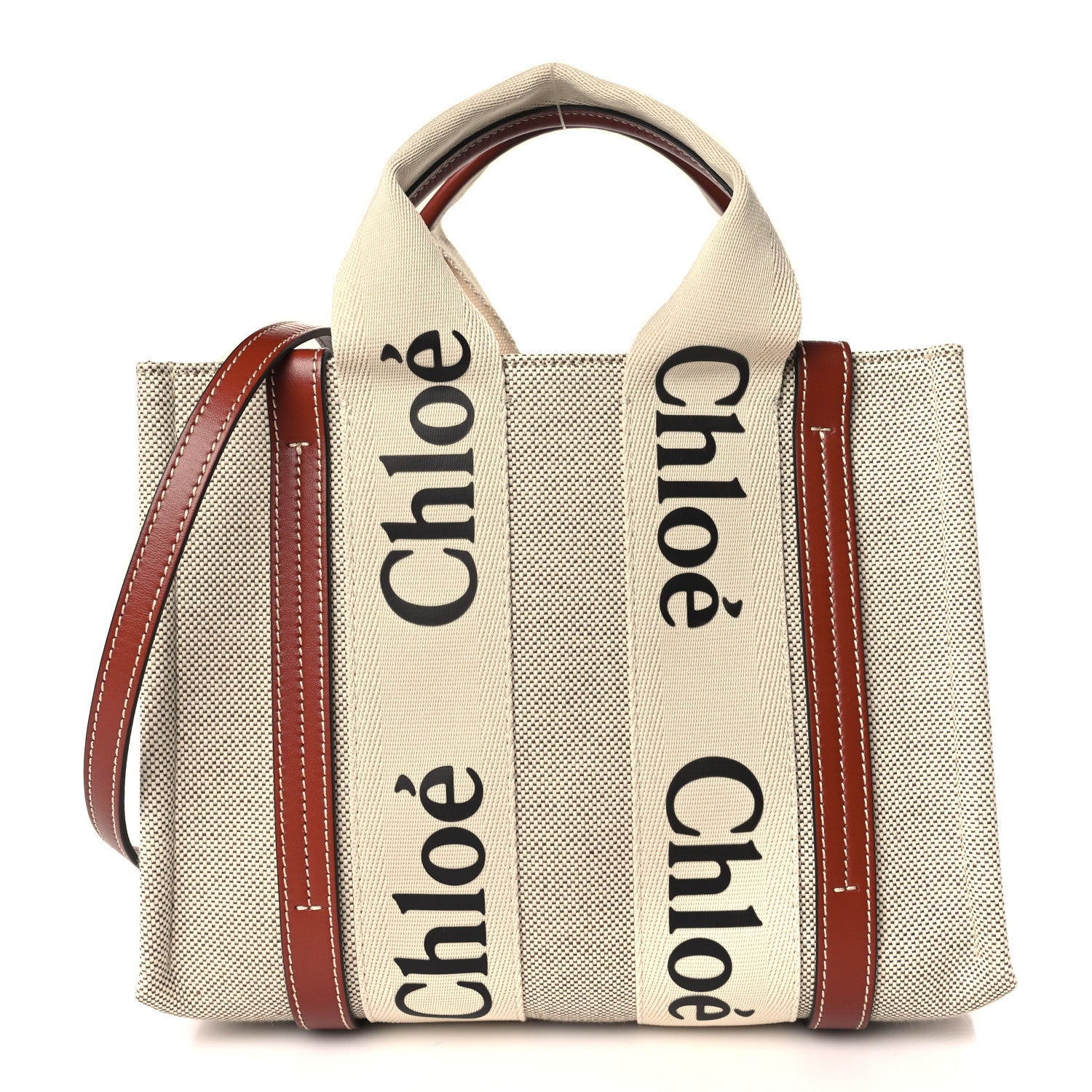Chloe Cotton Calfskin Small Woody Ribbon Tote With Strap White Brown 1 of 9