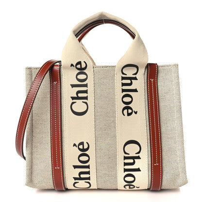 Chloe Cotton Calfskin Small Woody Ribbon Tote With Strap White Brown 1 of 9