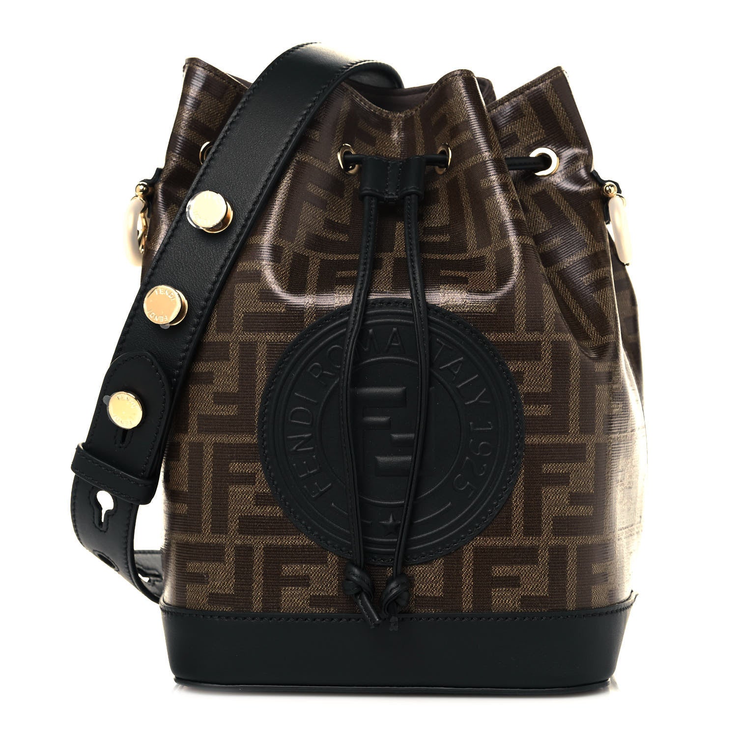Fendi Glazed Fabric Vitello Grace F is Fendi FF 1974 Stamp Patch Grande Mon Tresor Bucket Bag Mogano Panna Black 1 of 10