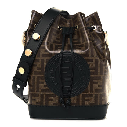 Fendi Glazed Fabric Vitello Grace F is Fendi FF 1974 Stamp Patch Grande Mon Tresor Bucket Bag Mogano Panna Black 1 of 10