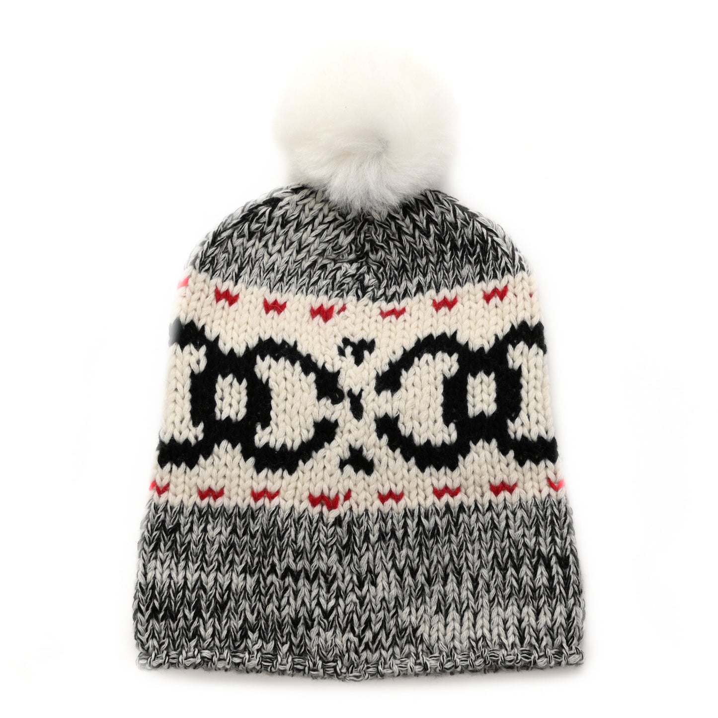 Wool Shearling CC Beanie Hat Ivory Black Red
