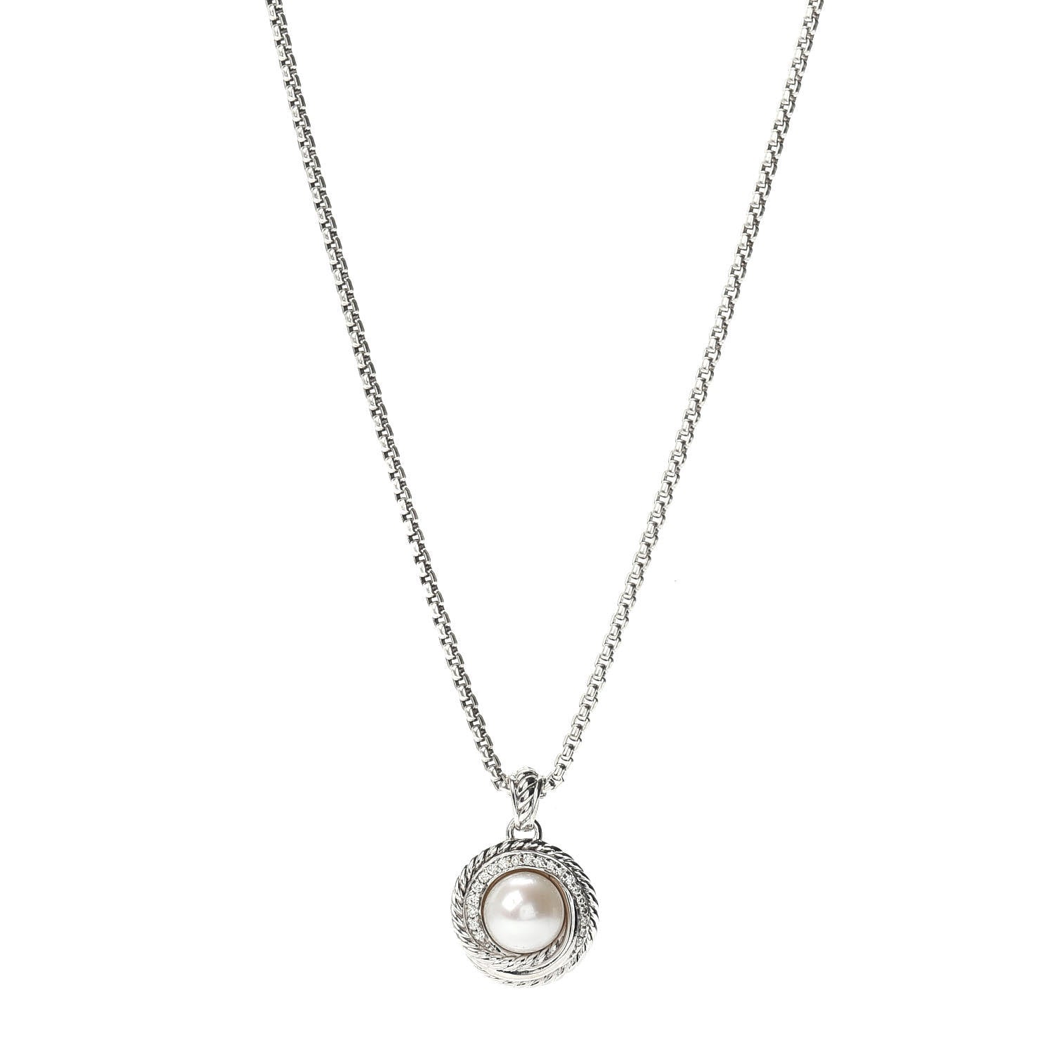 David Yurman Sterling Silver Diamond Pearl 8mm Crossover Pendant Necklace 1 of 4