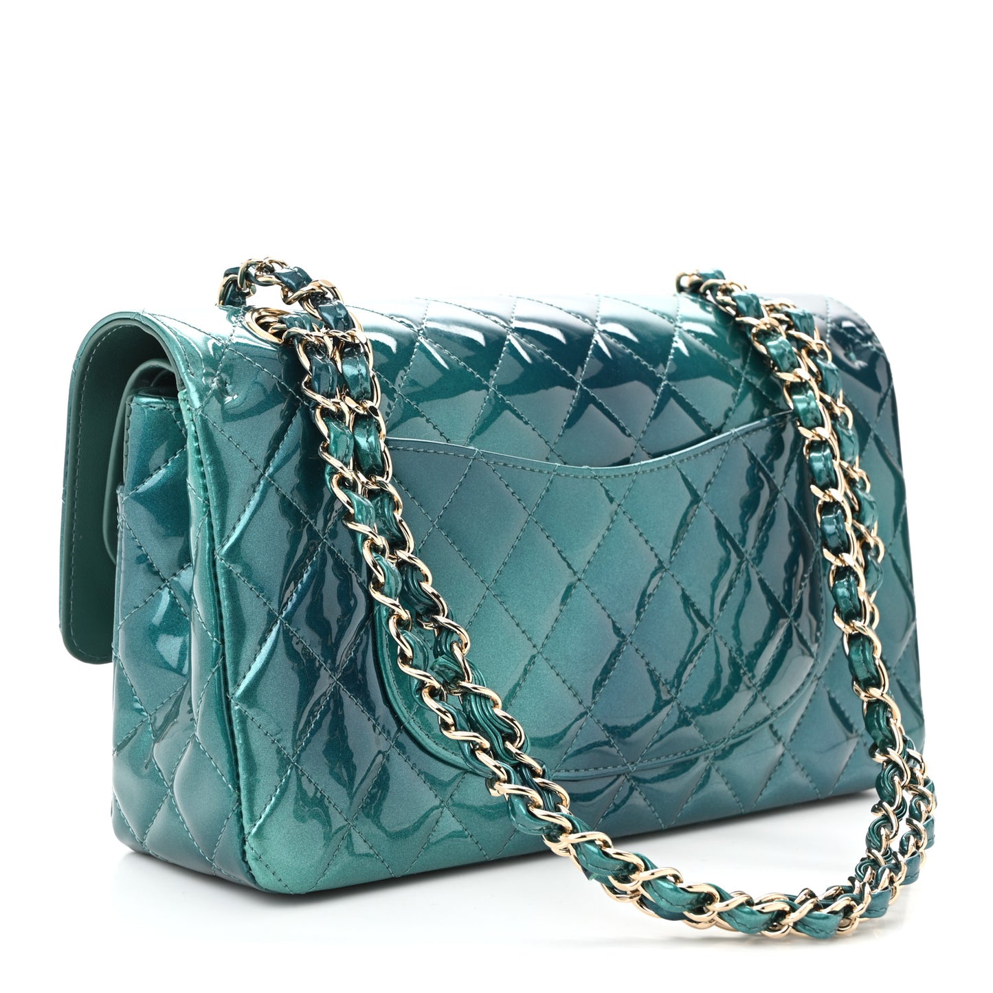 Shaded Patent Calfskin Quilted Medium Double Flap Green Blue