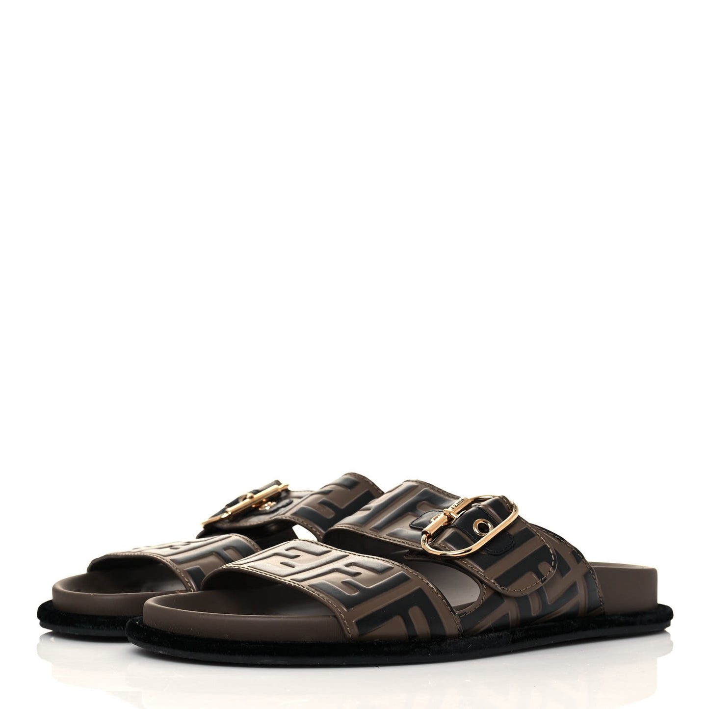 Calfskin FF Embossed Pearland Slide Sandals 37.5 Tobacco Moro