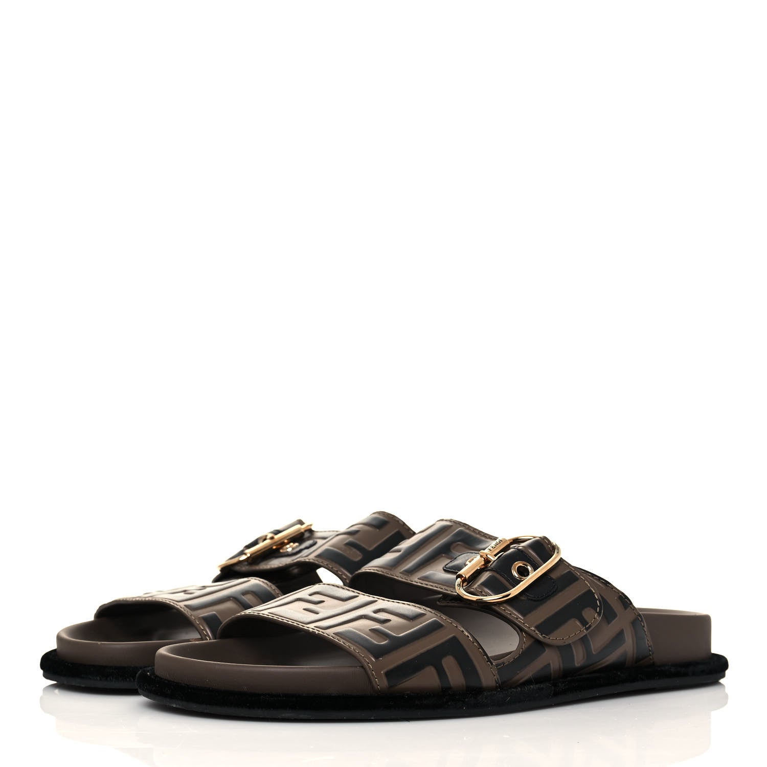 Fendi Calfskin FF Embossed Pearland Slide Sandals 37.5 Tobacco Moro 3 of 9