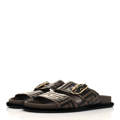 Fendi Calfskin FF Embossed Pearland Slide Sandals 37.5 Tobacco Moro 3 of 9