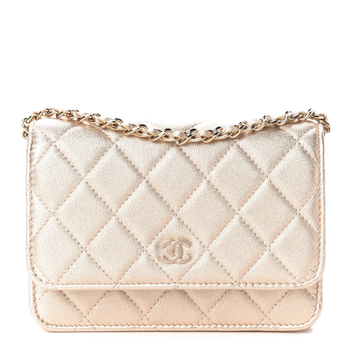 Metallic Lambskin Quilted Mini Wallet On Chain WOC Gold