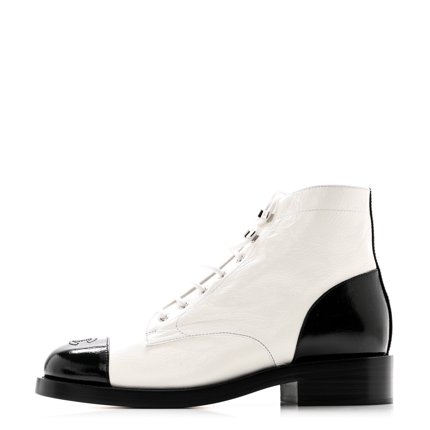 Chanel Distressed Patent Cap Toe Combat Boots 41 White Black 1 of 9