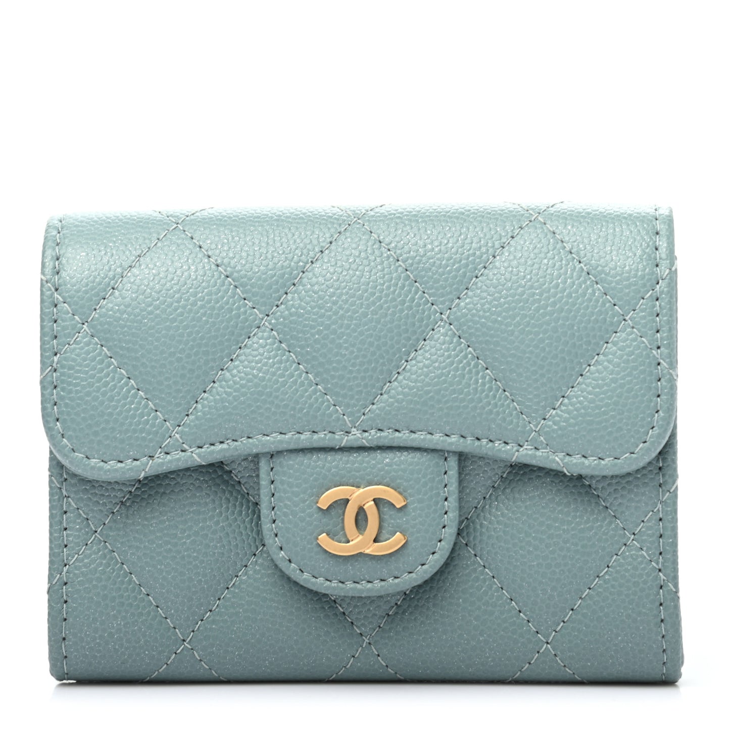 Iridescent Caviar Quilted Flap Card Holder Wallet Light Blue