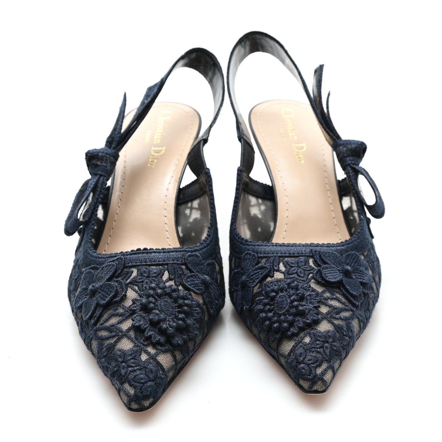 Christian Dior Lace Ribbon Rose Embroidered J'Adior Slingback 65mm Pumps 39 Navy 3 of 9