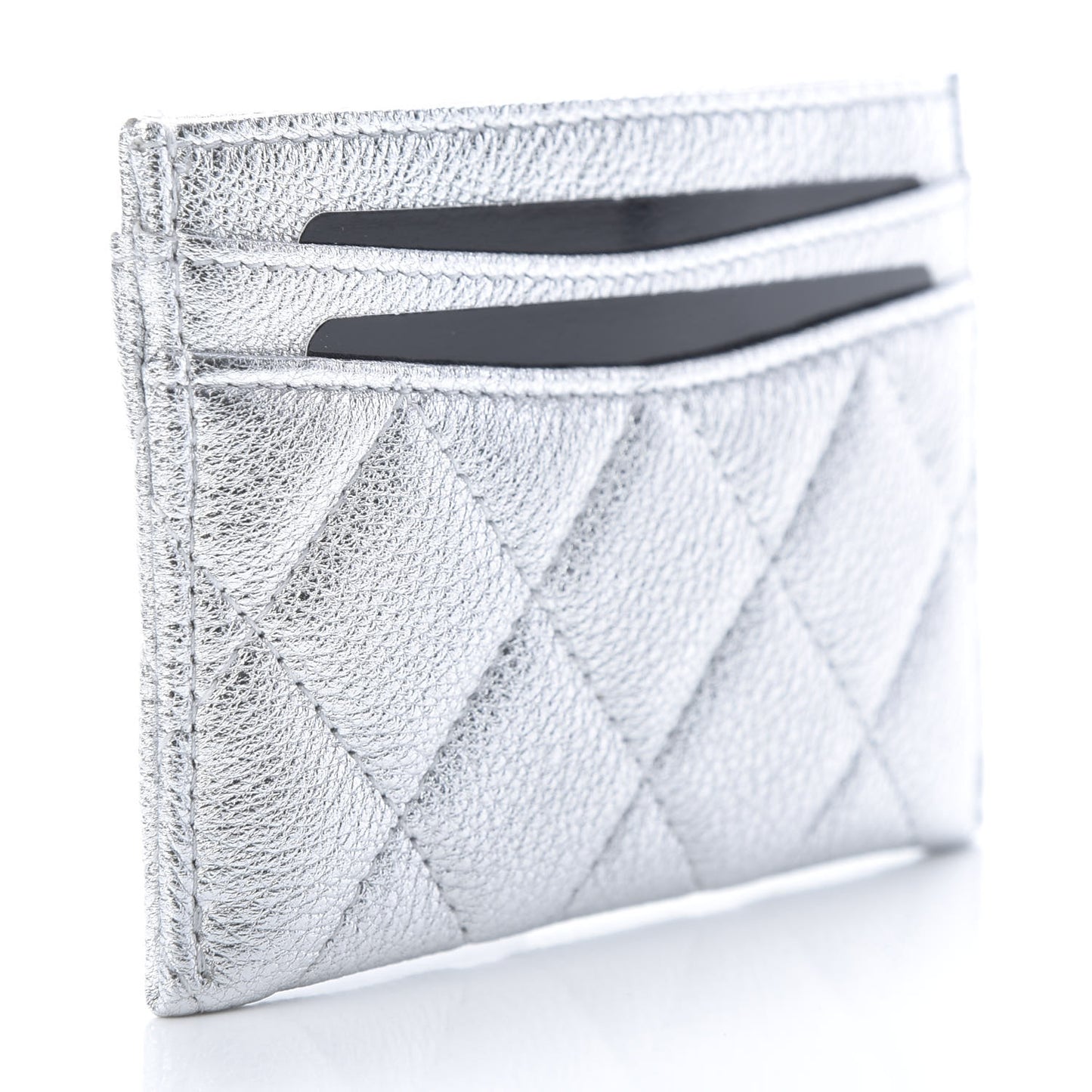 Metallic Lambskin Quilted Card Holder Silver