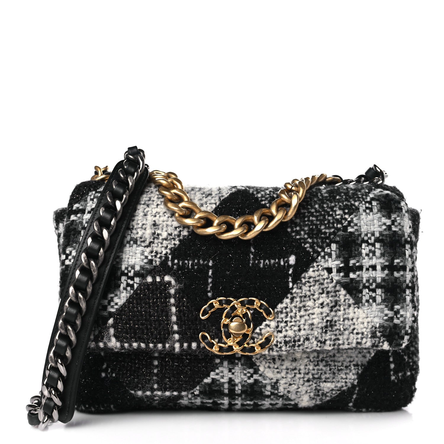 Chanel Tweed Quilted Medium Chanel 19 Flap Black White 1 of 10