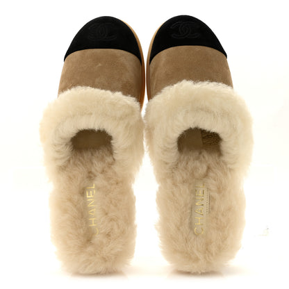 Chanel Suede Shearling CC Cap Toe Mules 40 Beige Black 2 of 10