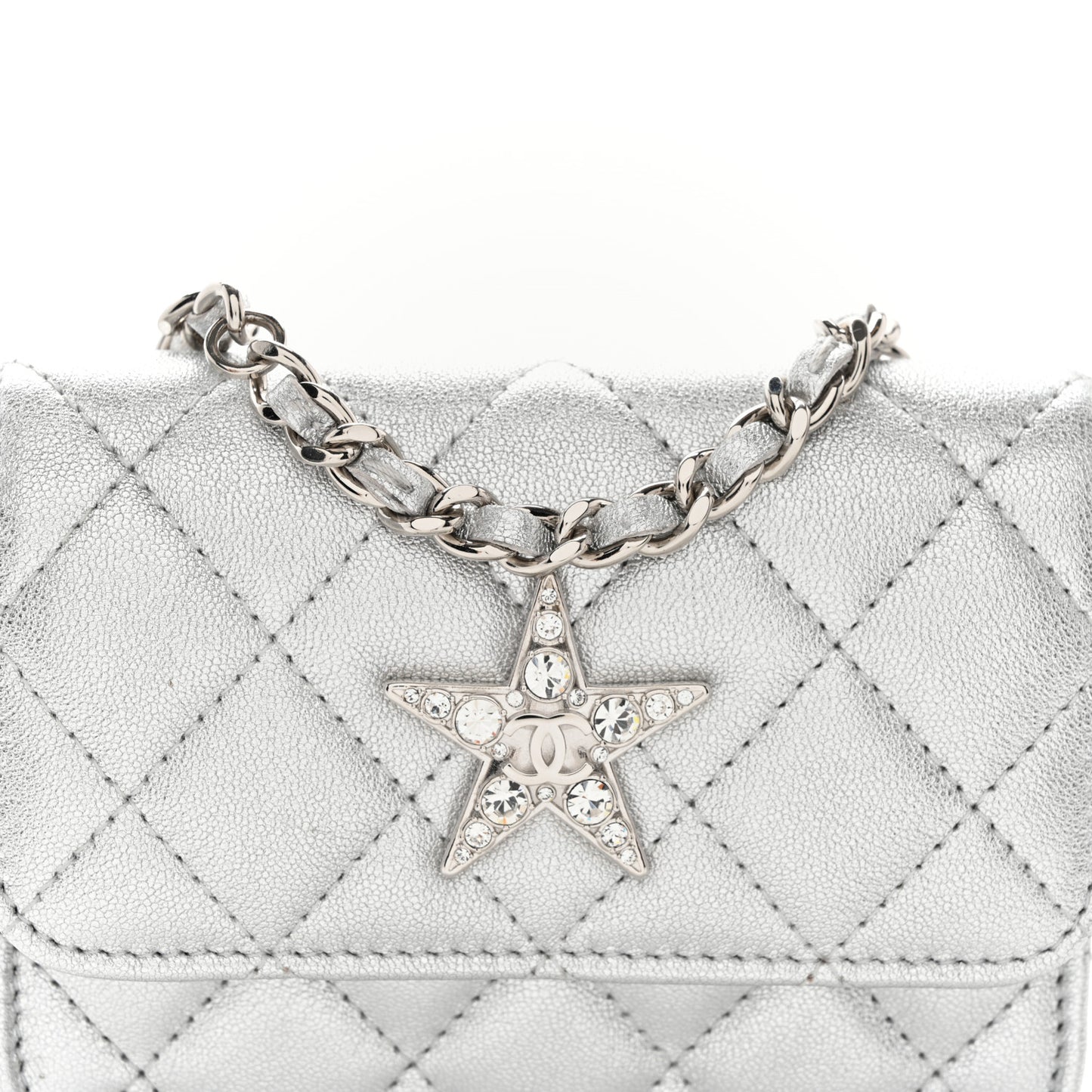 Metallic Goatskin Quilted Star Flap Waist Belt Bag Silver