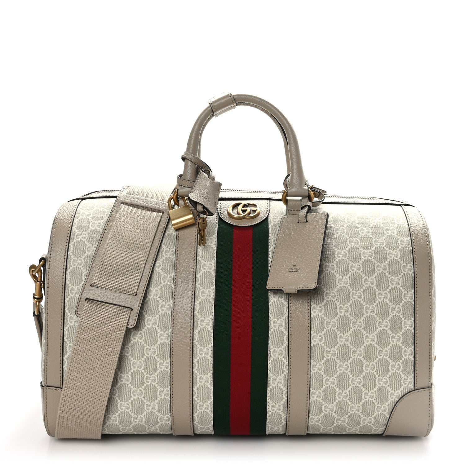 Gucci GG Supreme Monogram Textured Dollar Calfskin Web Medium Savoy Duffle Bag Beige Mystic White Oatmeal 1 of 10
