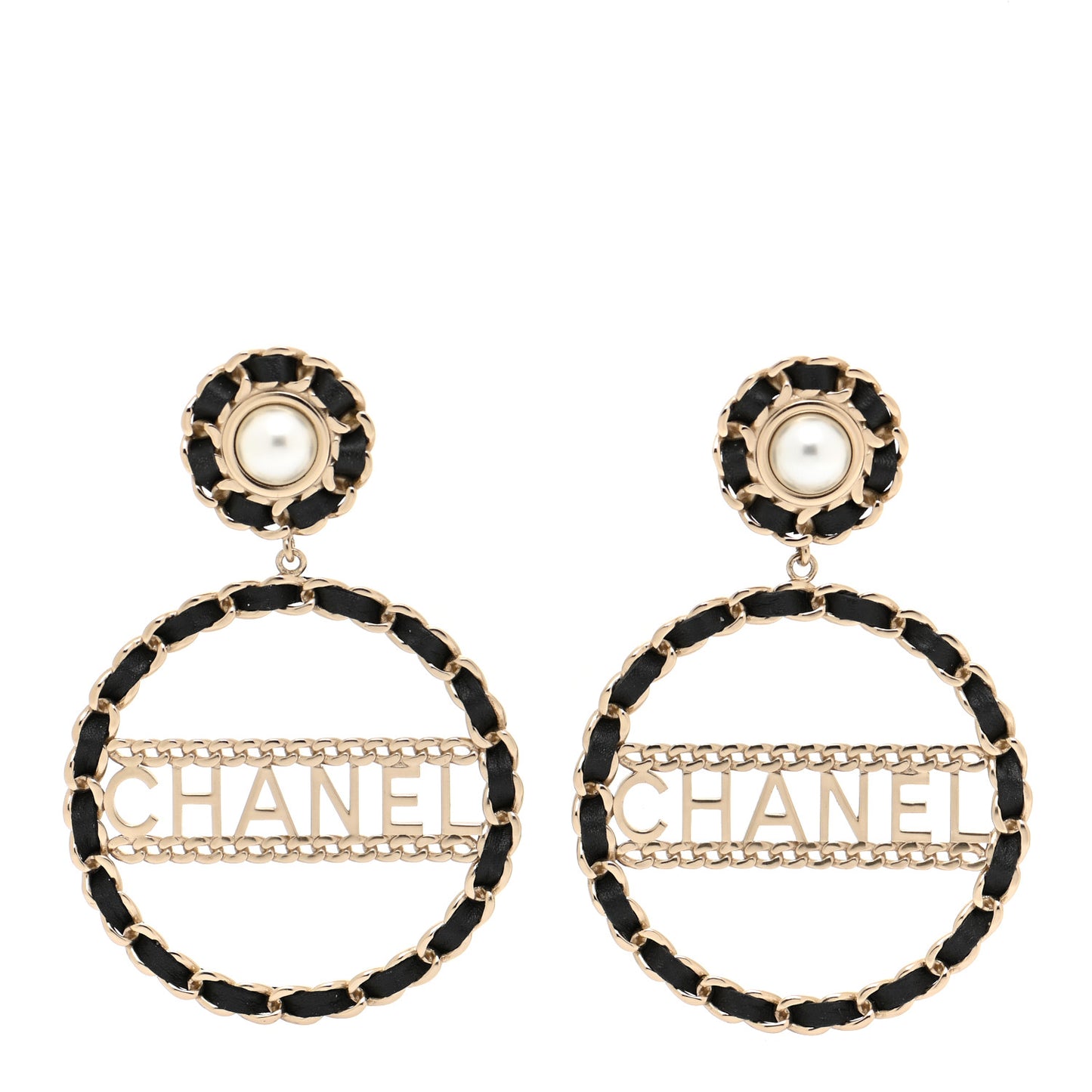 Pearl Lambskin Chain Logo Hoop Clip On Earrings Black Gold