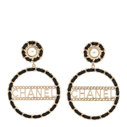 Chanel Pearl Lambskin Chain Logo Hoop Clip On Earrings Black Gold 1 of 4