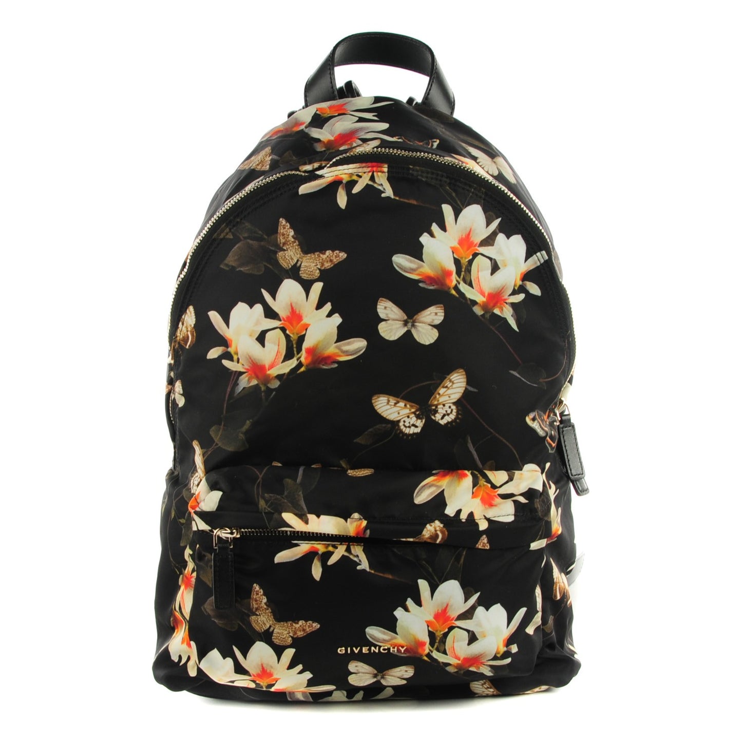 Nylon Calfskin Magnolia and Moth Print Backpack Black