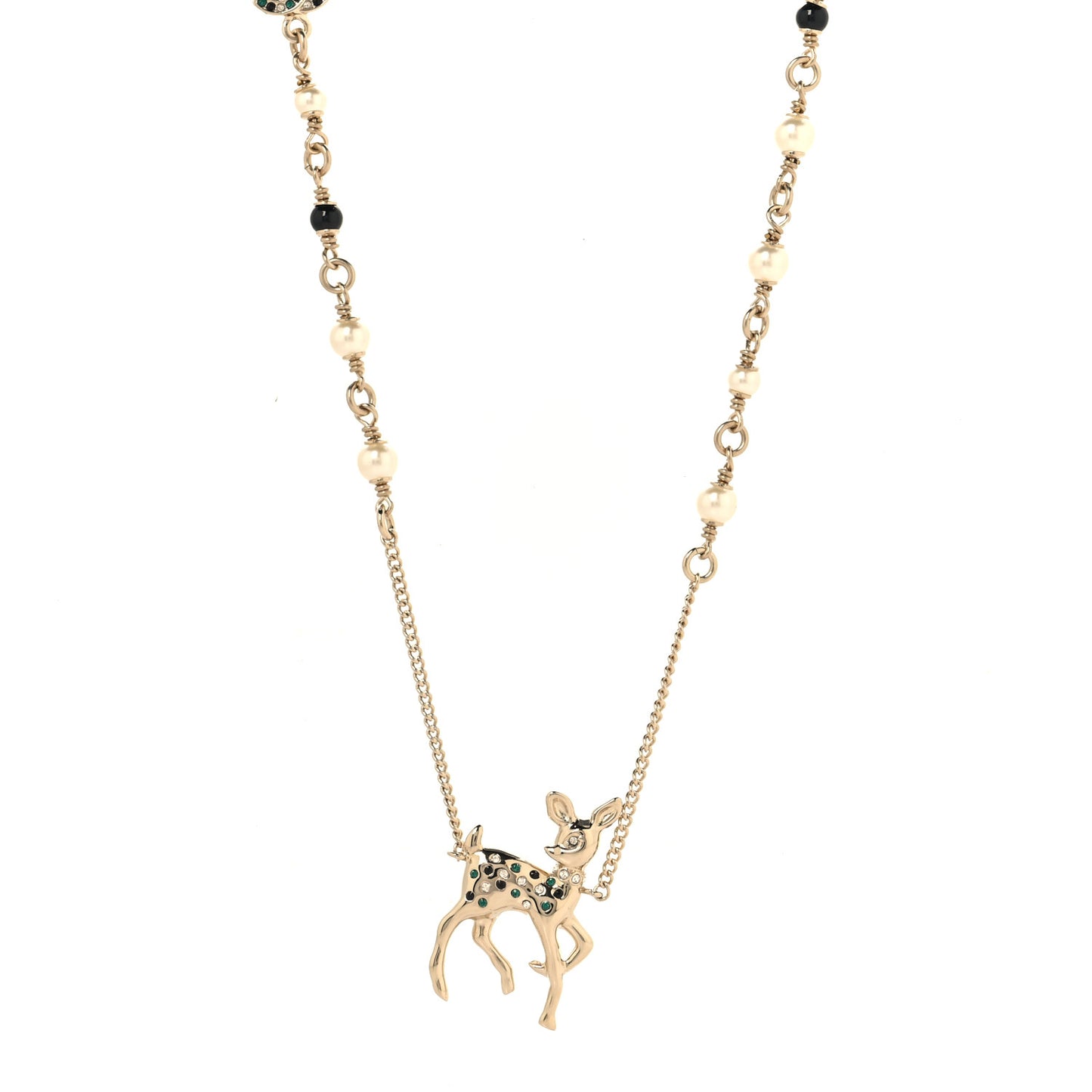 Pearl Crystal CC Deer Long Necklace Gold Green