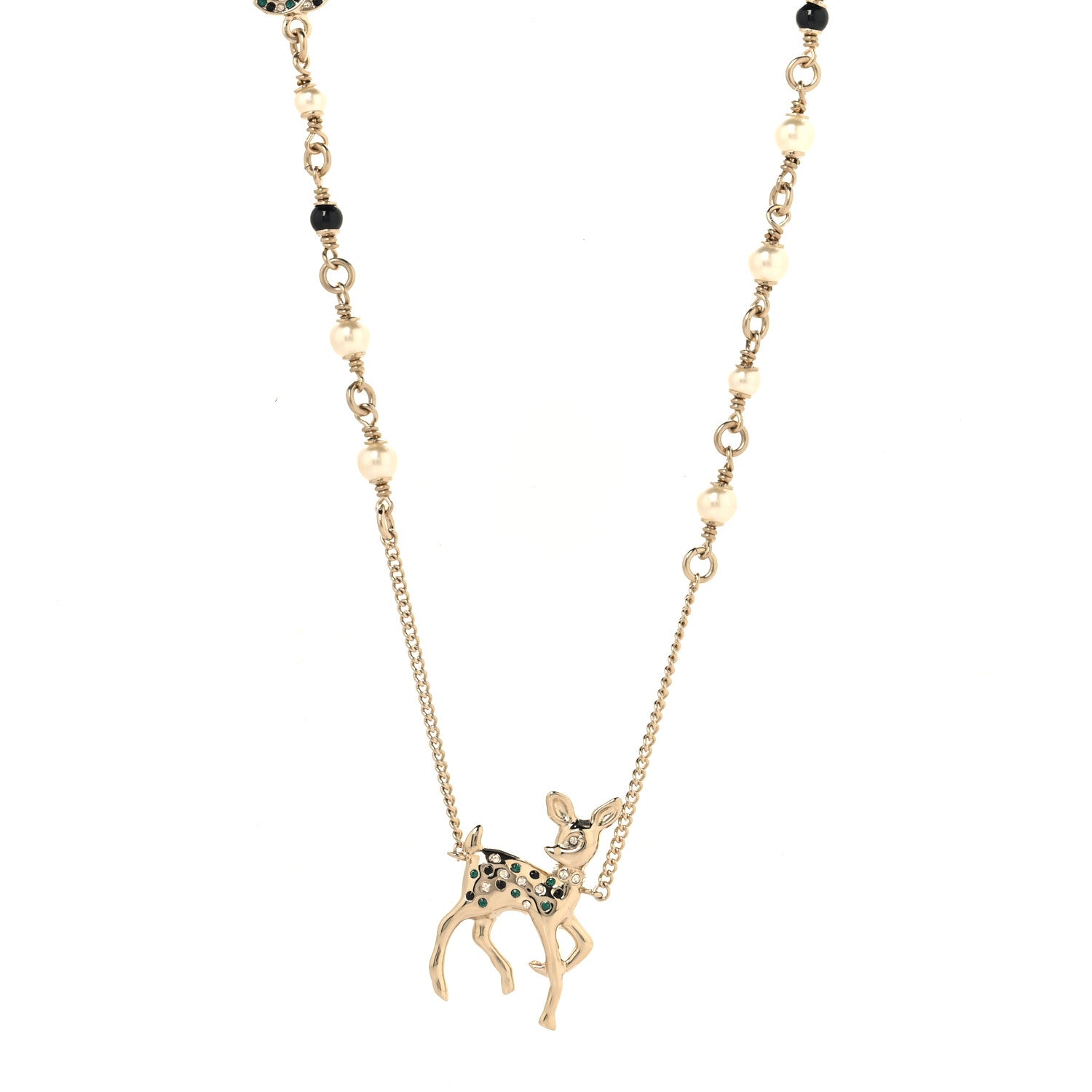 Chanel Pearl Crystal CC Deer Long Necklace Gold Green 1 of 5