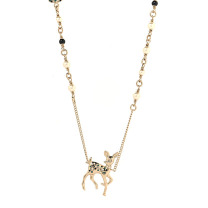 Chanel Pearl Crystal CC Deer Long Necklace Gold Green 1 of 5