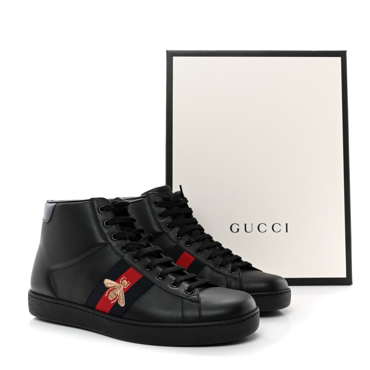 Calfskin Miro Soft Web Bee Embroidered Mens Ace High Top Sneakers 8.5 Black