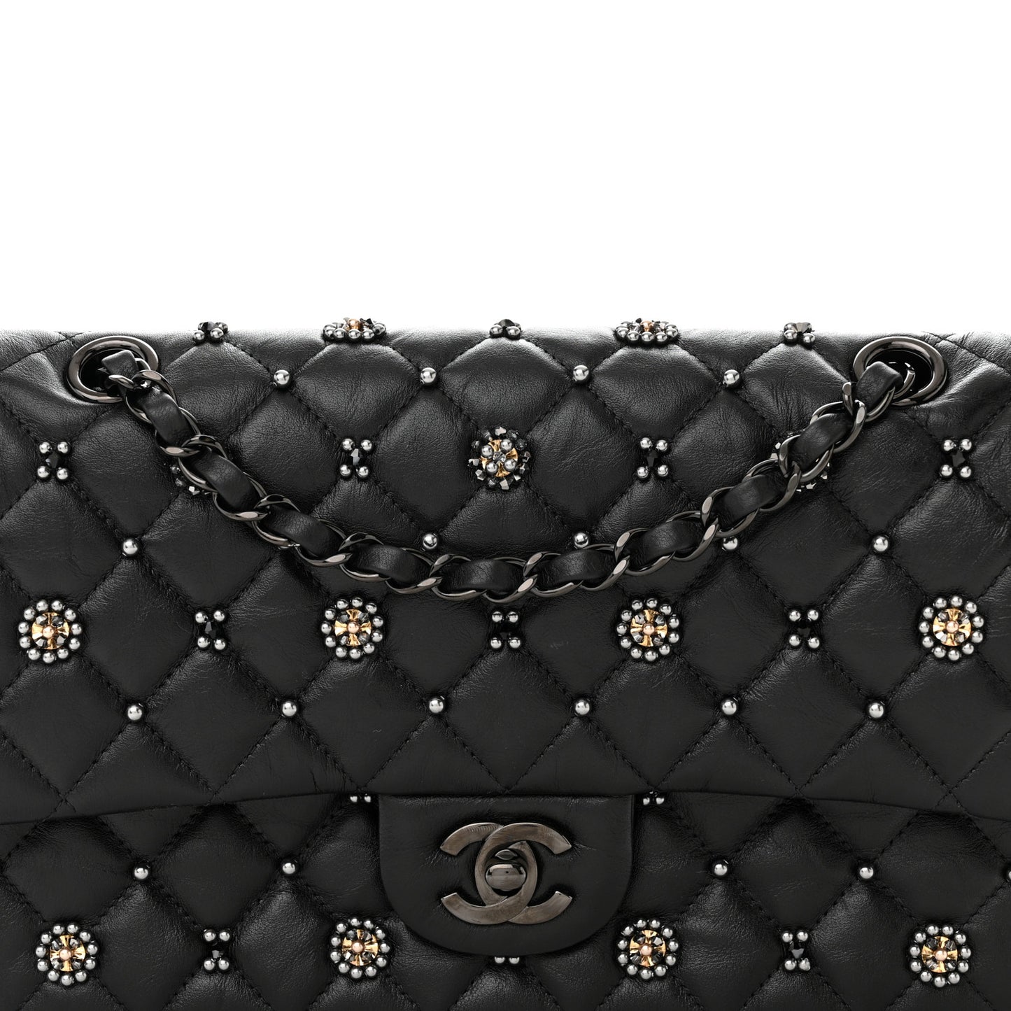 Lambskin Beaded Quilted Flower Double Flap Black