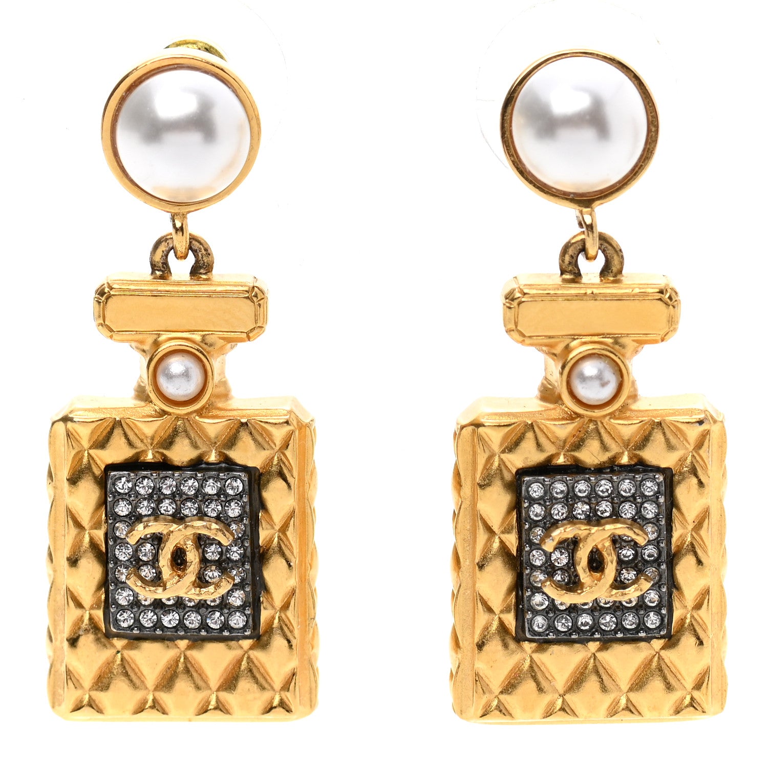 Chanel Crystal Pearl CC Perfume Bottle Drop Earrings Gold 1 of 4