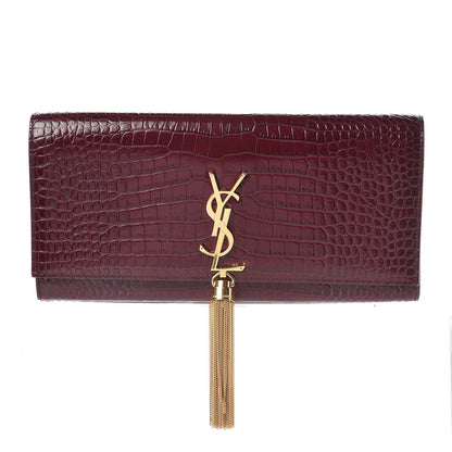 Saint Laurent Calfskin Crocodile Embossed Classic Monogram Tassel Clutch Bordeaux 1 of 6