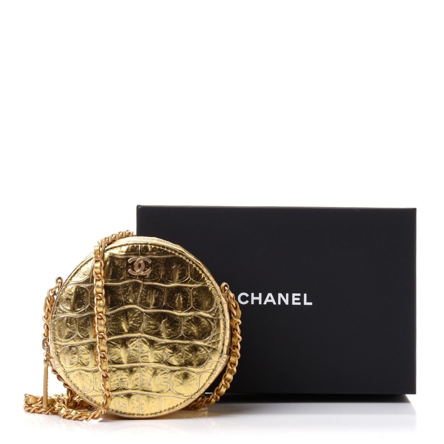 Chanel Metallic Calfskin Crocodile Embossed Cocodile Round Clutch with Chain Gold 11 of 11