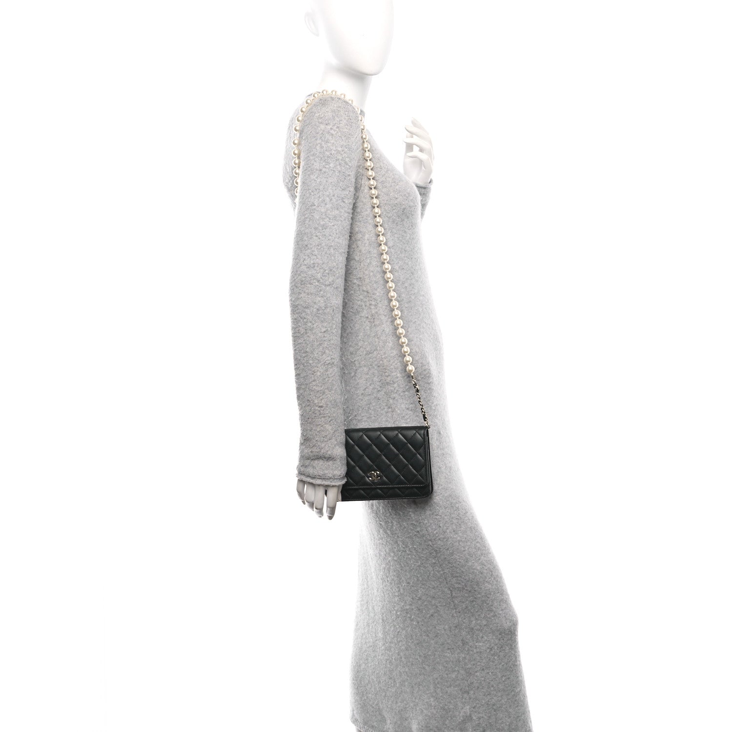 Chanel Lambskin Quilted Pearl Wallet On Chain WOC Black 2 of 12