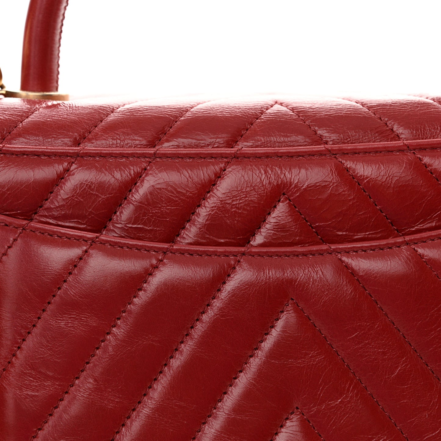 Aged Calfskin Chevron Quilted Large Coco Handle Flap Red