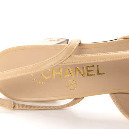 Chanel Goatskin Grosgrain Cap Toe CC Slingback Pumps 37.5 Beige Black 7 of 10