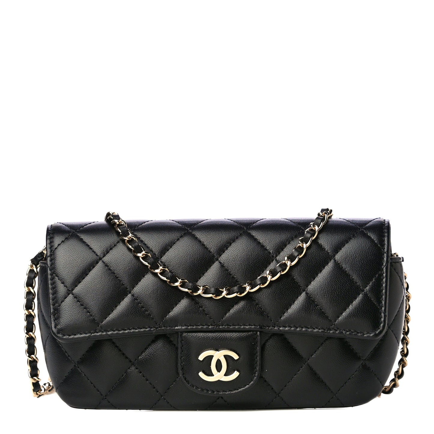 Lambskin Quilted Glasses Case With Chain Black