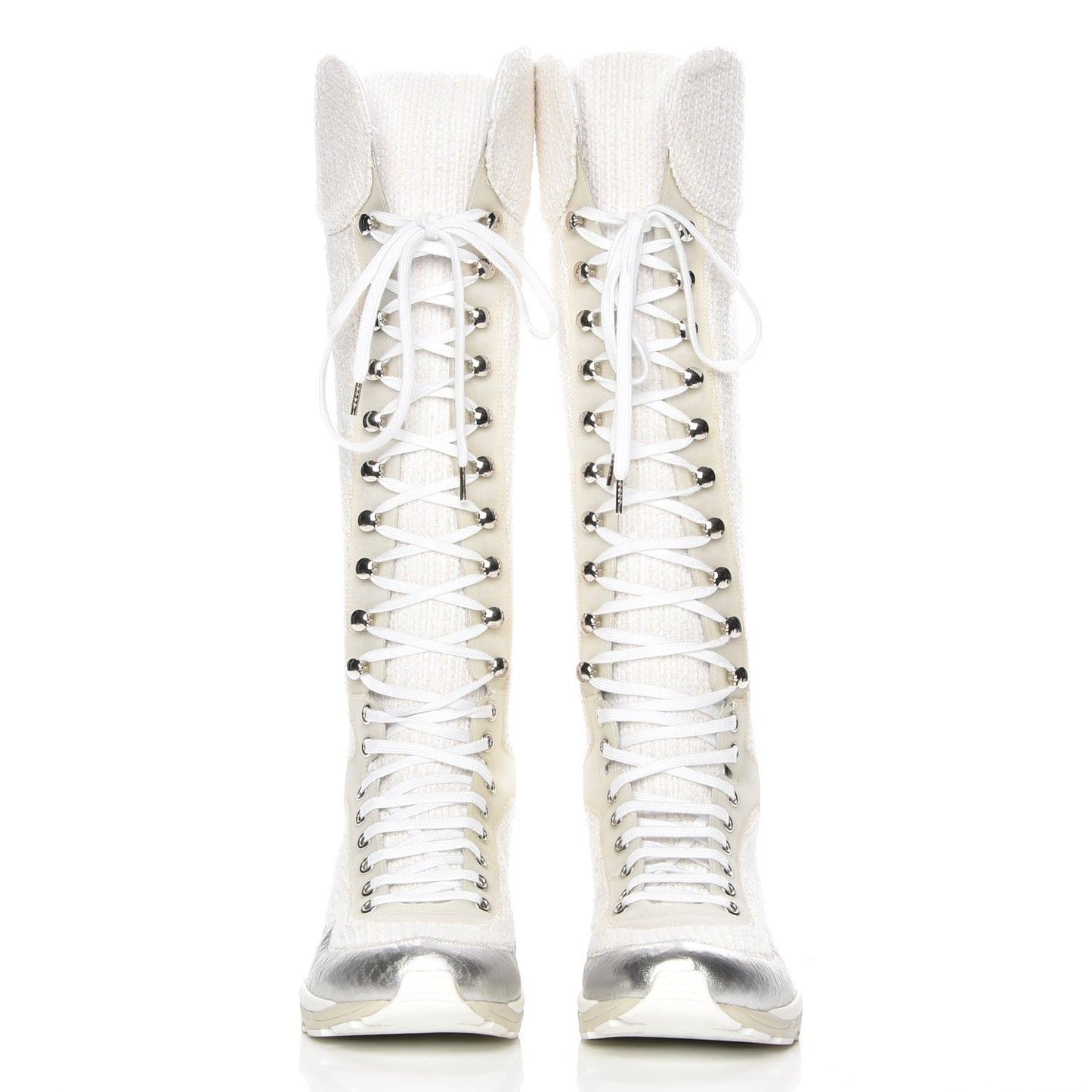 Tweed Suede Calfskin Sneaker High Boots 38 White Ecru Silver