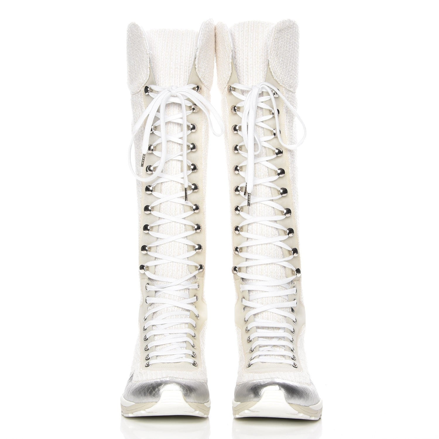 Chanel Tweed Suede Calfskin Sneaker High Boots 38 White Ecru Silver 5 of 7