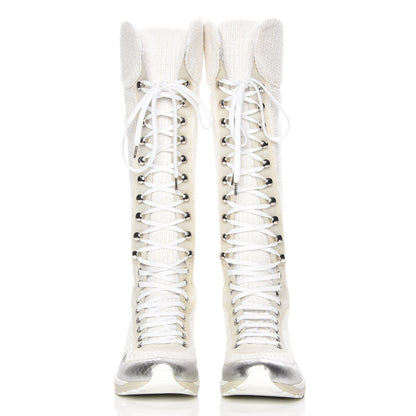 Chanel Tweed Suede Calfskin Sneaker High Boots 38 White Ecru Silver 5 of 7