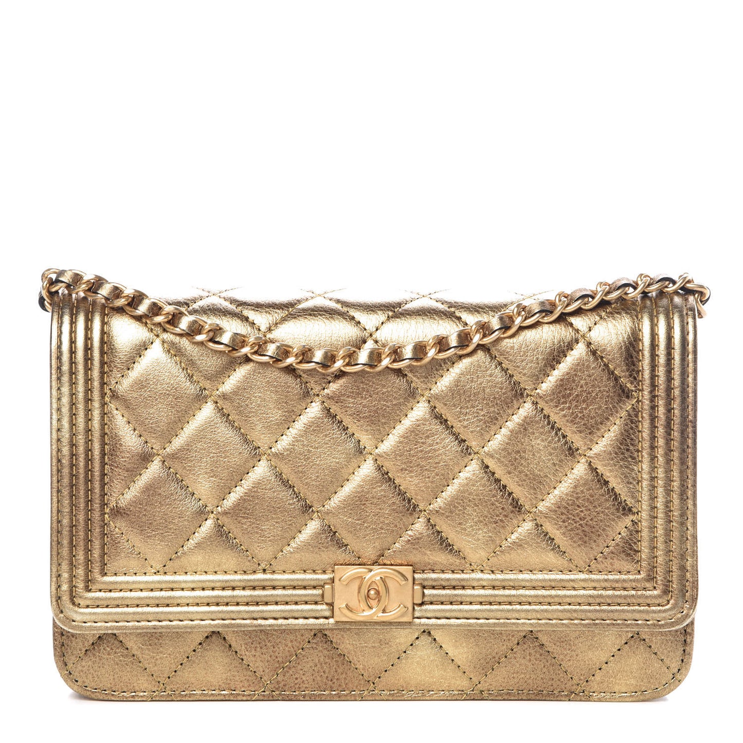 Metallic Calfskin Quilted Boy Wallet On Chain WOC Gold