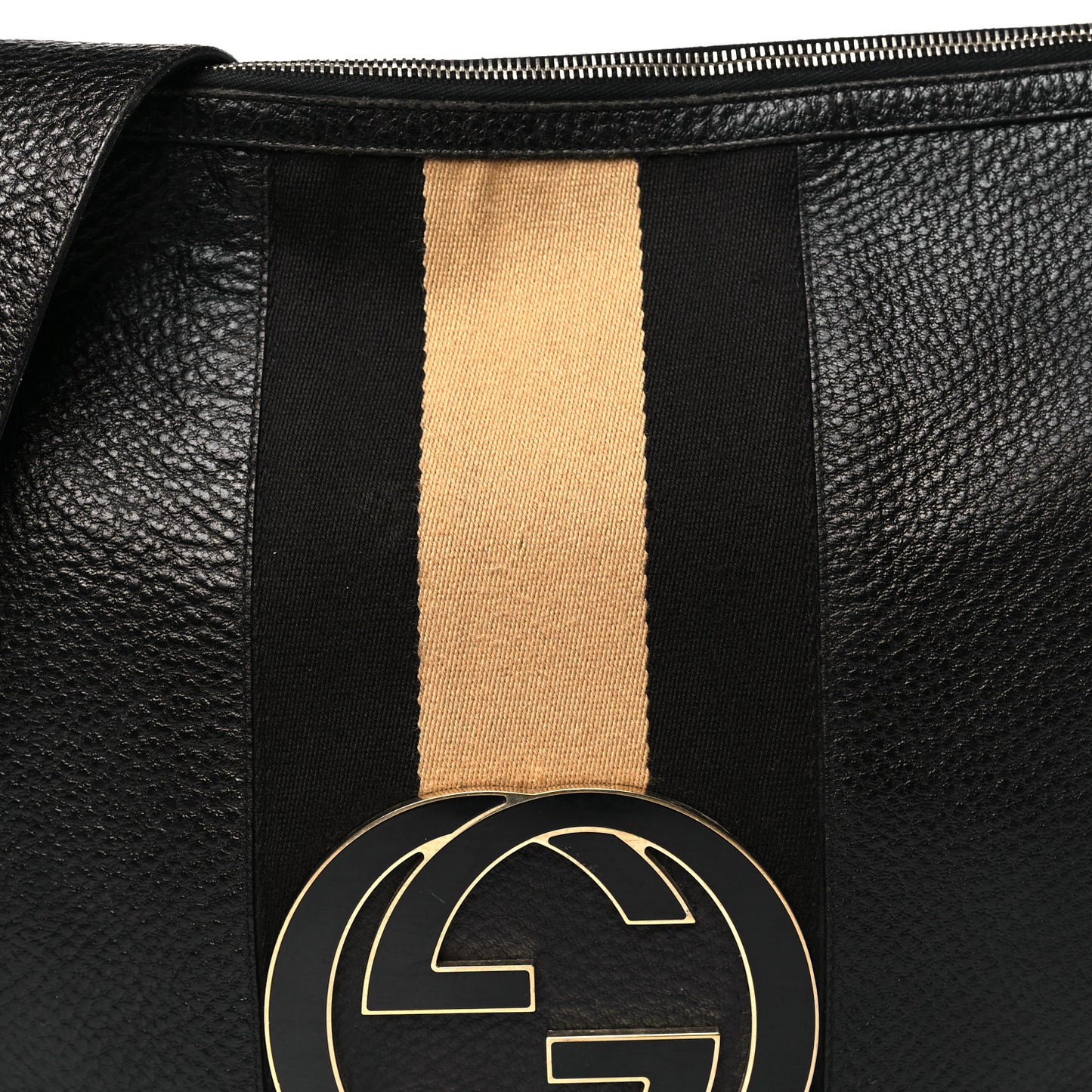 Pebbled Calfskin Web Blondie Hobo Black Beige
