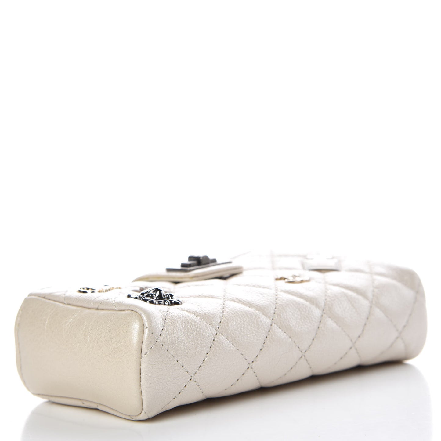 Metallic Calfskin Quilted Lucky Charms Mini Phone Holder Clutch Ivory