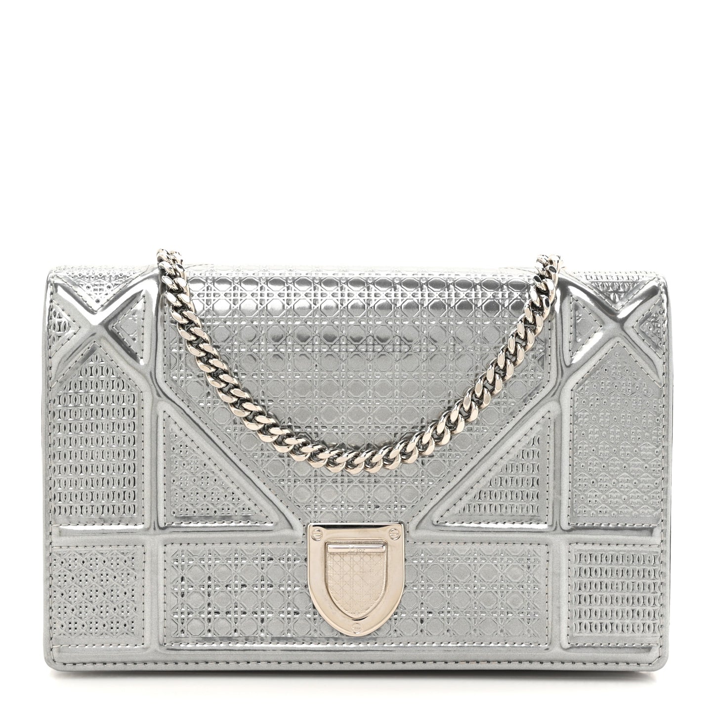 Metallic Patent Micro-Cannage Diorama Wallet on Chain Pouch Silver