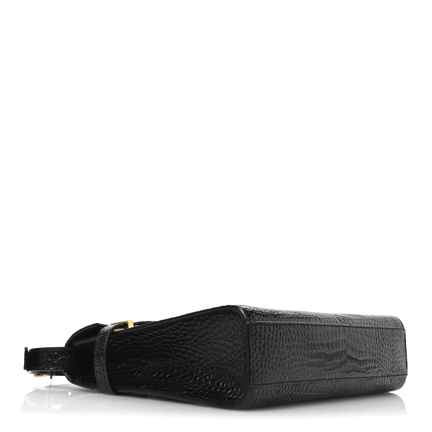 Saint Laurent Shiny Calfskin Crocodile Embossed Manhattan Baguette Black 4 of 10