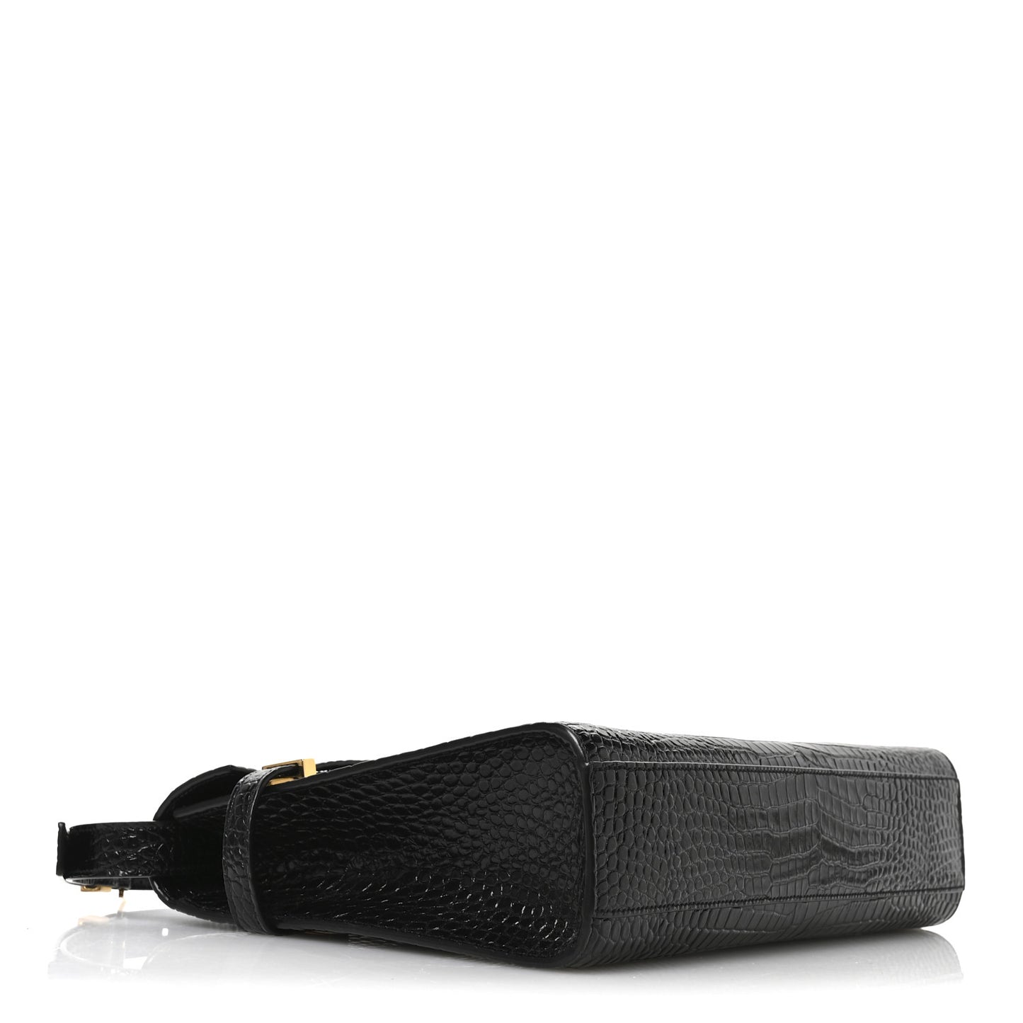 Shiny Calfskin Crocodile Embossed Manhattan Baguette Black